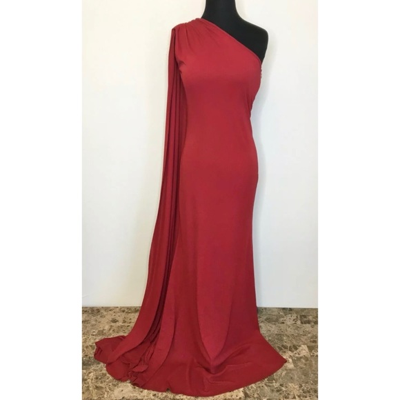 NAEEM KHAN One Shoulder Jersey Draped Train Gown - Picture 6 of 11